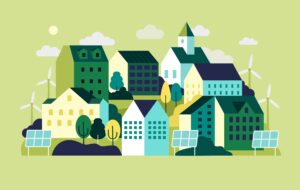 Green city. Eco energy home. Urban landscape with ecology solar buildings and windmills. Geometric town. Minimal scenery. Architecture panorama. Houses district. Vector design cityscape illustration