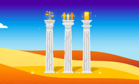 Illustration showing a desert + 3 columns with symbols for democracy, demographic change and digitalisation on top (scales, three people and a smartphone)